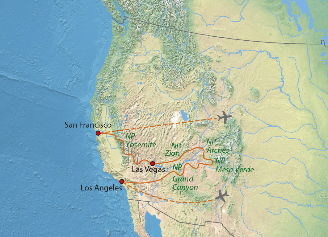 Mapa trasy zájezdu Národní parky západu USA