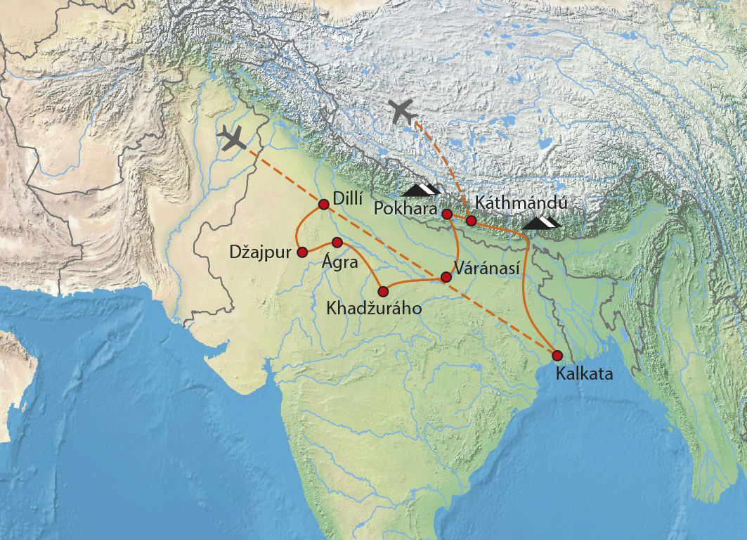 Mapa trasy zájezdu Cesta do Indie, Nepálu a Sikkimu