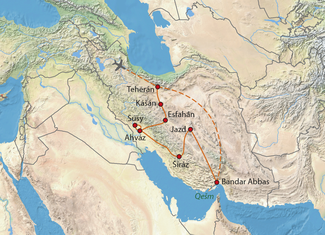 Mapa trasy zájezdu Tajemným Íránem - letní varianta